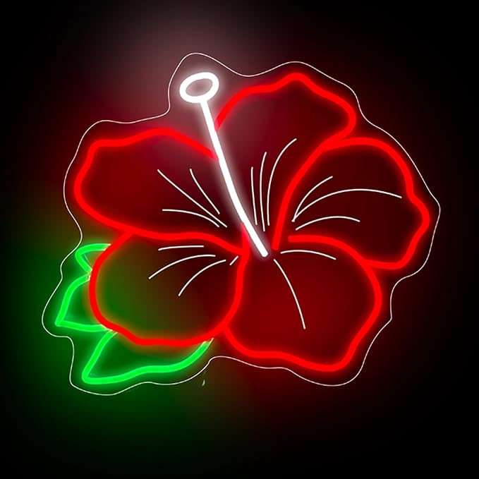 Hibiscus Neon Sign Hibiscus Flower Neon Light Hawaii Floral Neon Light Tropical Flower Sign Home Wall Art Decoration, 15"x12", Red