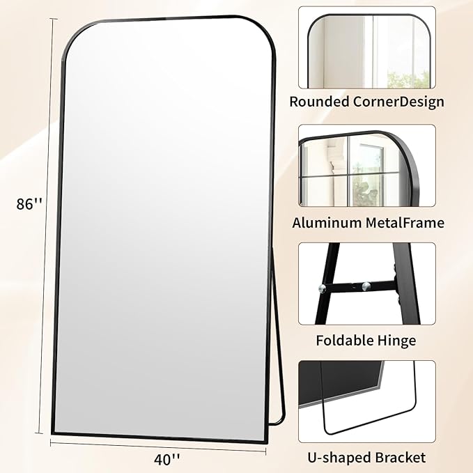 Full Length Mirror 86"x40" Arched Floor Standing Large Mirrors Full Body Mirror with Stand - with Aluminum Frame for Bedroom Living Room, Black