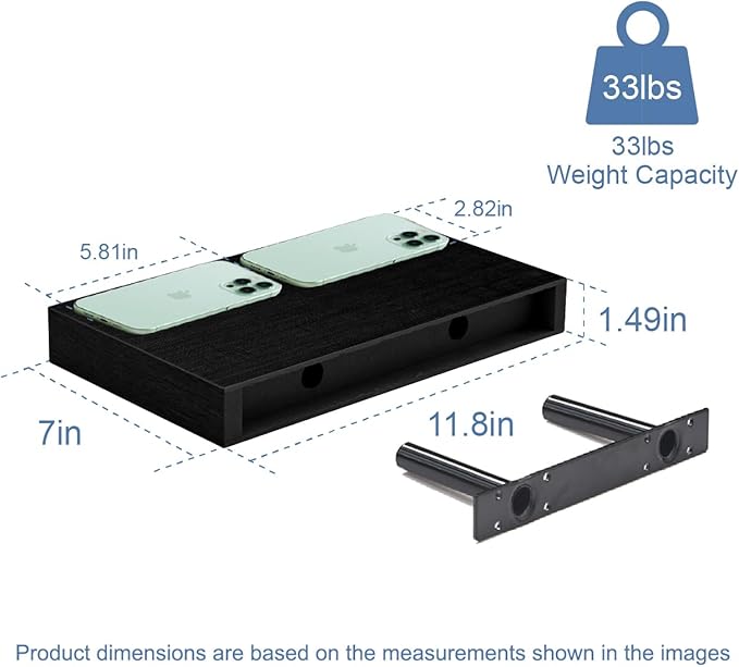 Floating Shelves for Wall, Bathroom Shelves Over Toilet, Wall Shelves & Book Shelf for Room, Hanging Shelf, Modern Wooden Wall-Mounted Small Floating Shelves, 12x7x1.5 in (Black, Set of 4)
