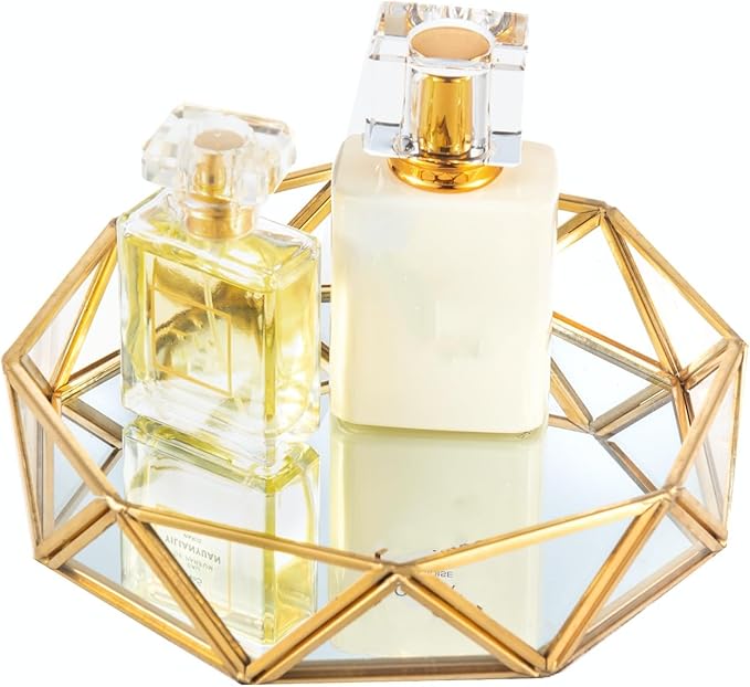 Feyarl Small Gold Glass Perfume Tray Jewelry Trinket Organizer Tray Ornate Vanity Cosmetic Makeup Display Decorative Tray for Home Decor Dresser Tabletop Countertop (7inch)