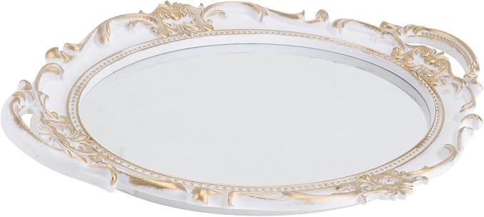 TIDTALEO Vintage Oval Mirror Tray Decorative Jewelry Perfume Storage Plate Retro Makeup Organizer for Home Décor and Photography Prop White