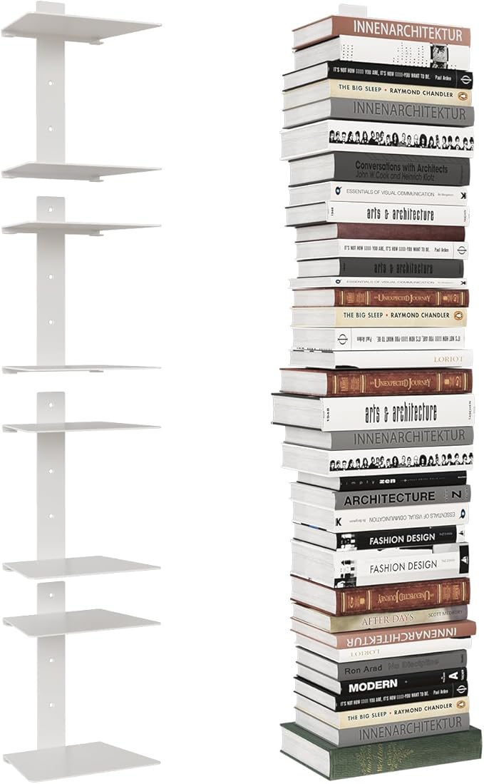 Wawocs Invisible Bookshelf for Wall, 8 Tier Floating Bookshelf Made of Heavy Duty Metal, Vertical Spine Book Tower Hanging Wall Bookshelf, Floating Book Shelves for Wall, 4 Pack White