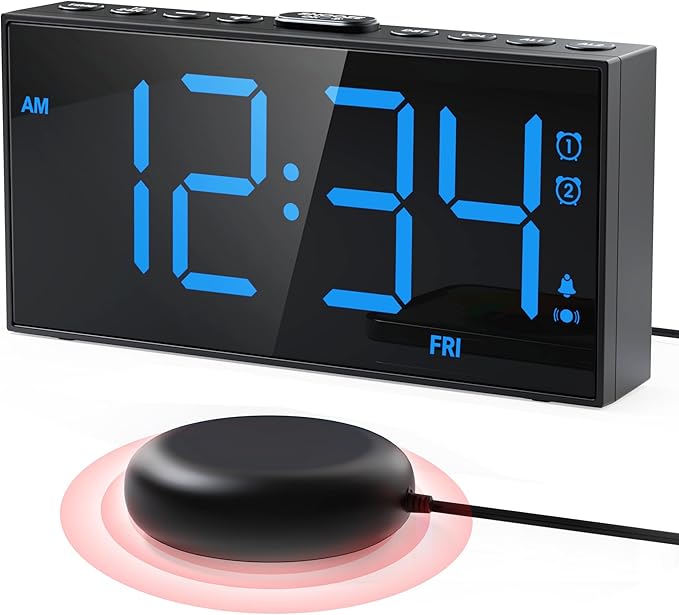 Vibrating Alarm Clock for Heavy Sleepers – Loud Bed Shaker, Dual Alarms with Weekday/Weekend Mode, 3 Vibration Levels, 5-Volume & Dimmer, Large Display, USB + Battery Backup – Deaf & Hearing-Impaired