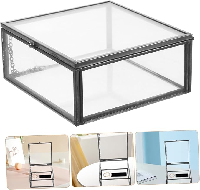 Levemolo Alloy Frame Glass Jewelry Storage Box Sealing Glass Case Lid for Women Decorative Ring Storage Cases Home Cosmetics Organizer