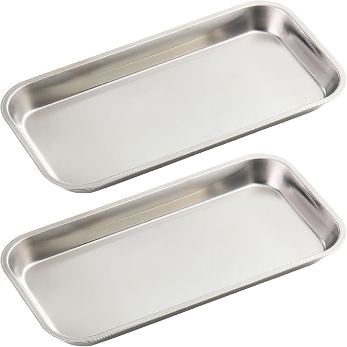 SUTOKAKA 2 Pack Stainless Steel Silver Decorative Tray, Manicure Surgical Tools Placing Dish, Bathroom Vanity Trays for Dresser Counter