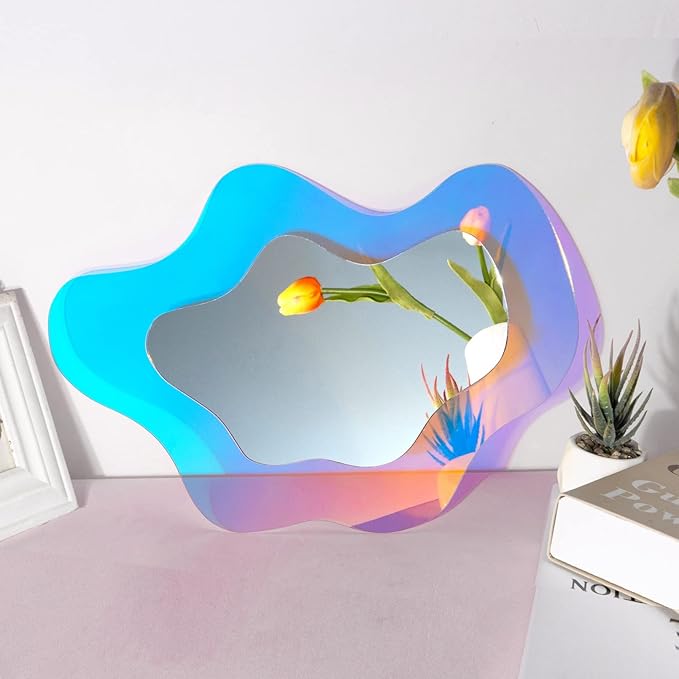 Irregular Wall Mirror Wavy Acrylic Rainbow Mirror Room Decor Aesthetic Mirrors Amorphic Vanity Retro Mirrors for Bedroom Living Room Bathroom Entryway Wall Decor ( Clouds Style, 15.5 x 10.5 Inches )