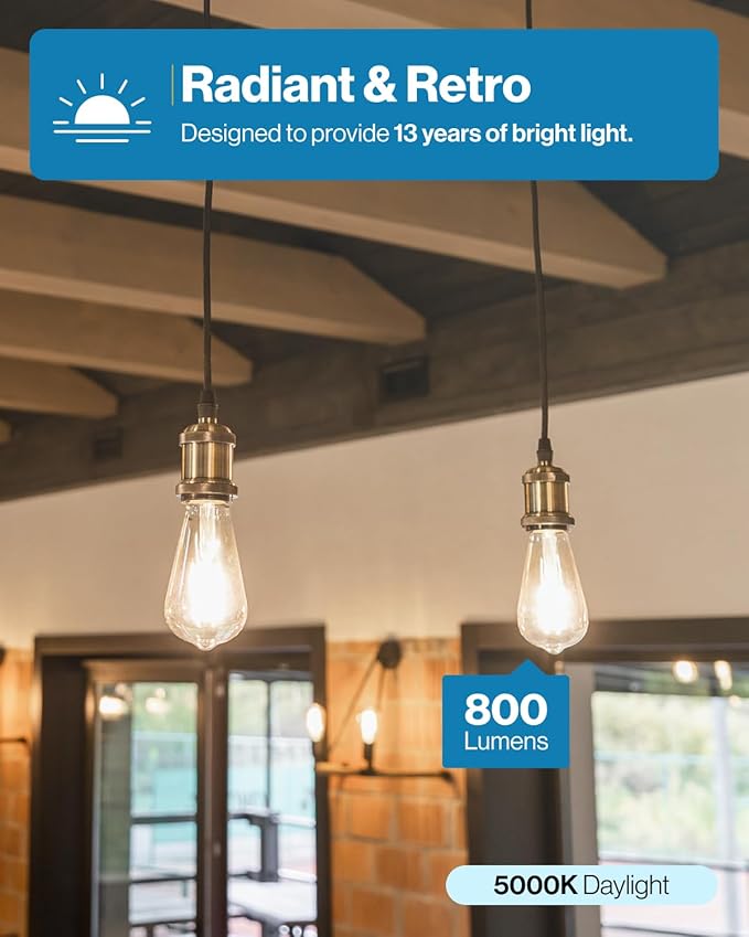 Sunco 20 Pack Edison Bulbs LED ST64, Clear Vintage Filament Waterproof Bulb, 800 LM, 8W (60W Equivalent), ST19, 5000K Daylight, E26 Medium Base, Decorative Dimmable UL
