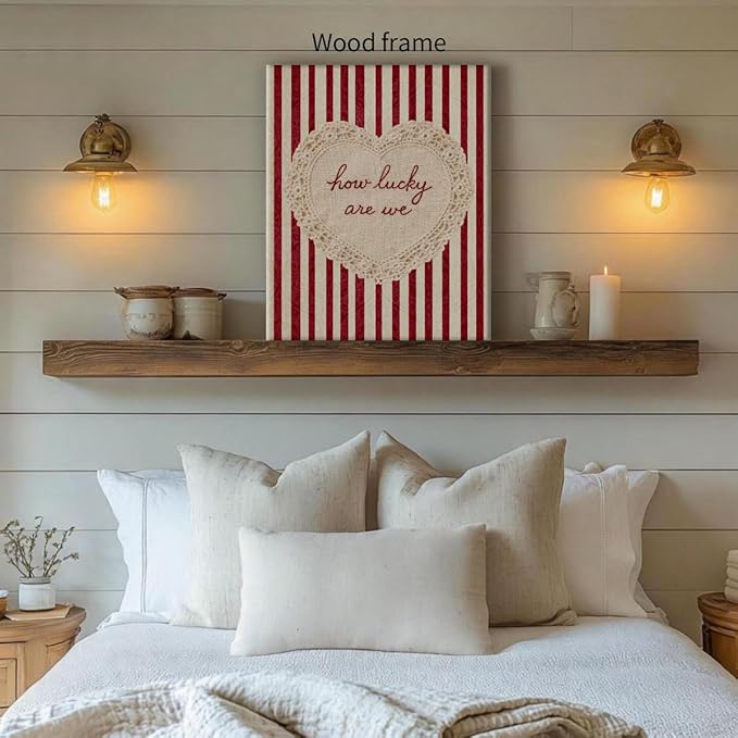 How Lucky Are We Wall Art Red Stripe Affirmation Quotes Poster Coquette Love Lace Heart Canvas Print Fashion Preppy Aesthetic Wall Decor Valentines Day Couple Gift 08x10 inch Wood Framed