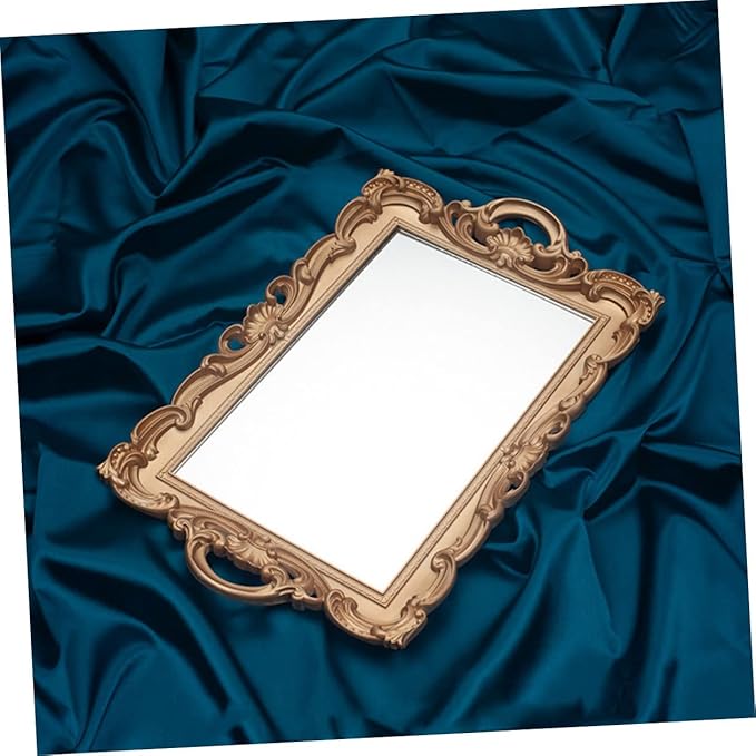 TEHAUX Golden Retro Mirror Makeup Tray Elegant Vanity Organizer for Home Storage and Photo Props Polished Smooth European Style Decorative Tray for Perfume Jewelry Cosmetics Display