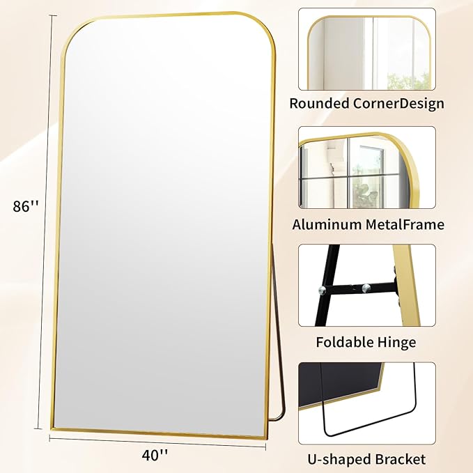 Full Length Mirror 86"x40" Arched Floor Standing Large Mirrors Full Body Mirror with Stand - with Aluminum Frame for Bedroom Living Room, Gold