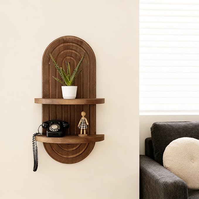 SHOHAYTO Boho Wall Shelves Set of 2 - Rainbow Arch Floating Shelves for Bedroom, Wooden Wall Shelf with Double Layer Design, Mid Century Modern Decor for Nursery, Living Room & Office