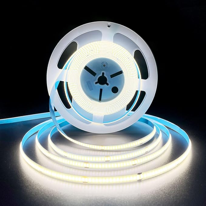 HAMRVL COB LED Strip Lights White 6000K,DC12V 16.4ft/5M 320leds/M CRI90 Flexible LED Tape Lights 8mm,for Indoor Home Cabinet,Bedroom, Kitchen, Stage, Backlight DIY Lighting(Without Power Supply)
