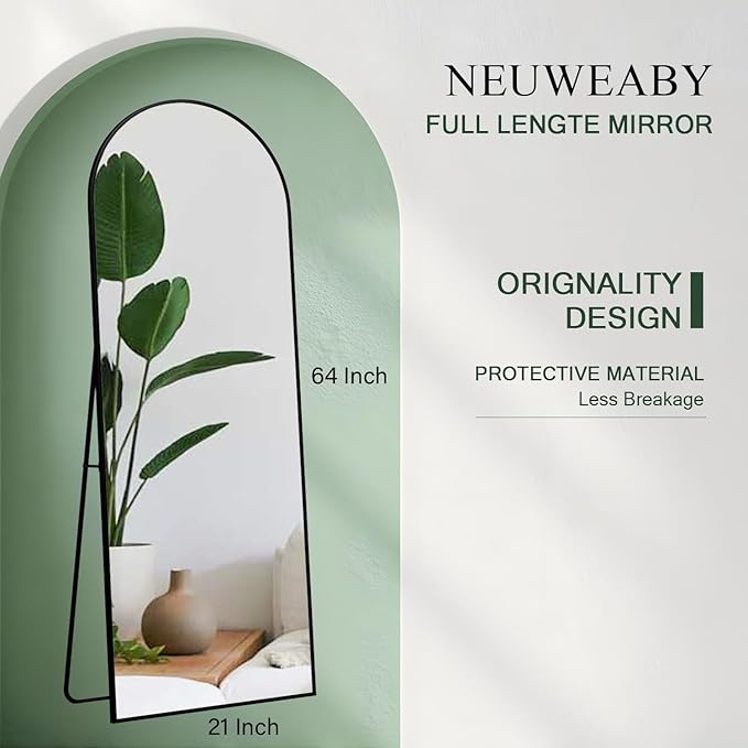 Full Length Mirror 64"x21" Arch Floor Mirror with Stand Arched Mirror Full Body Mirror Black Standing Hanging or Leaning Against Wall for Bedroom Entry, Living Room