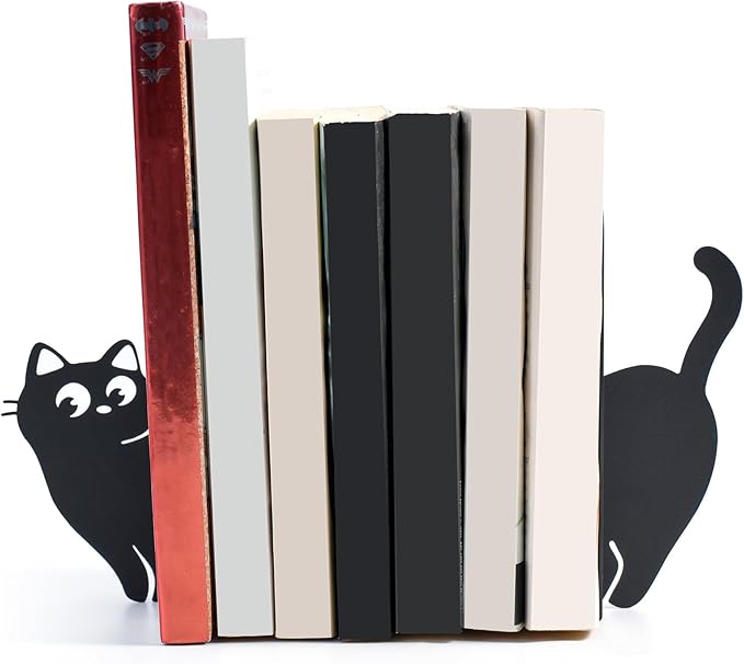 BEISE Book Ends Gifts for Cat Lovers, Decorative Metal Cat Bookends for Bookshelf & Desk, Cute Black Kittens CD Book Holder, Kitchen Organizer for Shelf, Home Office Decor, Unique Book Lover Gift
