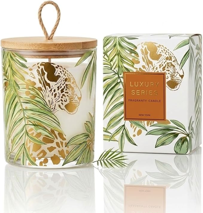 Wild Lily & Vetiver Scented Candles for Home, Large Glass Jar Soy Wax Candle, 7.05oz Luxury Leopard Candle Decor, 55H Burn, Ideal for Mother's Day, Birthday Gift