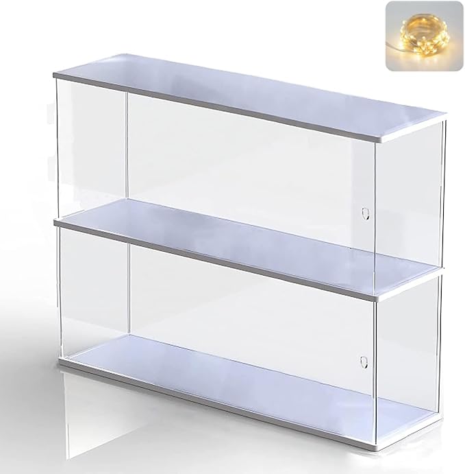 Clear Acrylic Display Shelf Case for Mini Funko Pop, Wooden Display Stand for POP MART Double-Deck Riser 2 Steps Storage Rack Decoration Action Figures Collectibles Toys, 15.55" W x 3.78" D x 10.8" H