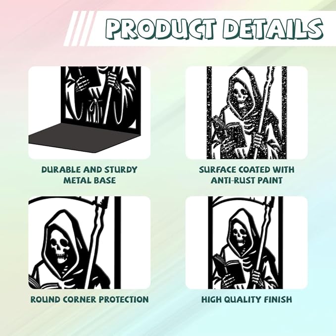 Peacoblue Metal Bookends for Shelves, Modern Decorative Heavy Duty Study Book Ends Stoppers for Office Desk Shelf Room 5.3"x4.3"x7.9" Cast Iron Bookends 1 Pair (Grim Reaper Reading Book with Sickle)