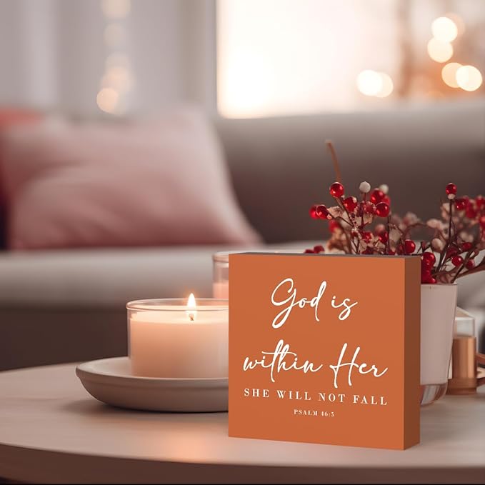 God Is Within Her Bible Verse Artwork Orange Wood Box Sign Rustic Farmhouse Style Psalm 46 : 5 Christian Wood Block Plaque 5 X 5 Inches Home Office Desk Sign Decor for Presents