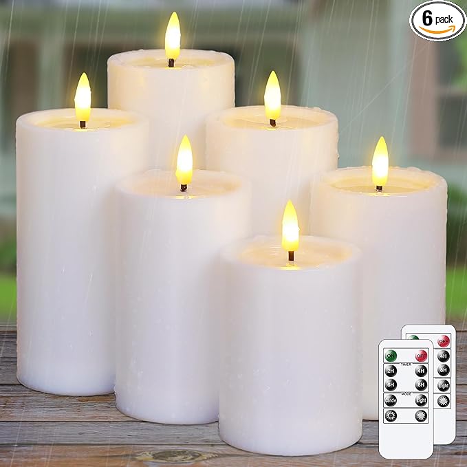 Yeelida Outdoor 6pcs Flameless Waterproof Candles with Handy Remote Control, Cycle Timer Battery Operated Candle Grease Effect LED Flickering Pillar Plastic Long Lasting (White, 3" x4" 5" 5" 6" 6" 7")