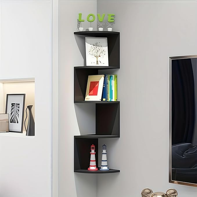 5-Tier Floating Corner Shelf Wall Mount, Heavy Duty Wall Corner Bookshelf, Multi-Purpose Plant Display Shelf for Bedroom Living Room Bathroom Home Office, (Black)