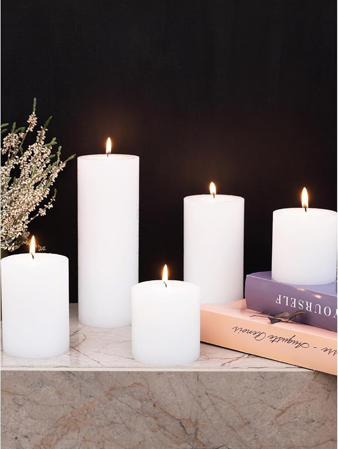 CANDWAX Assorted Pillar Candles Set of 3 – Sizes 3", 4", 8" Unscented Dripless Large Candles, Rustic Finish for Events, Weddings, Home Decor – White