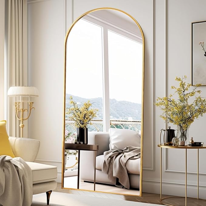 Rowjut Floor Full Length Mirror, Arched Mirrors Full Length 76"x34" Freestanding Large/with Aluminum Frame & Wall Mounted & Hanging or Leaning & Full Body Mirror for Bedroom, (Gold)