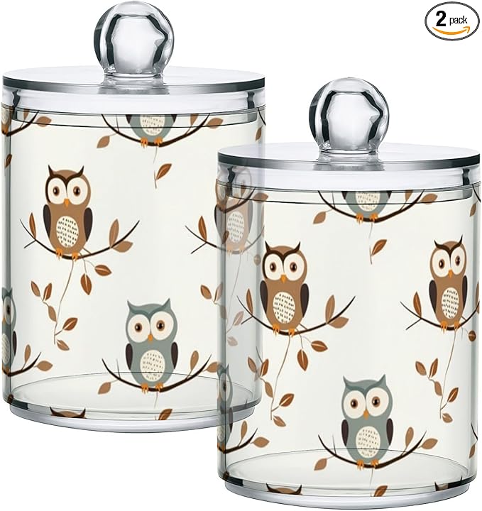 2 Pack Qtip Holder Dispenser for Cotton Ball Owl Forest Little Animal Cotton Swab Round Pads Clear Plastic Acrylic Jar Set Bathroom Canister