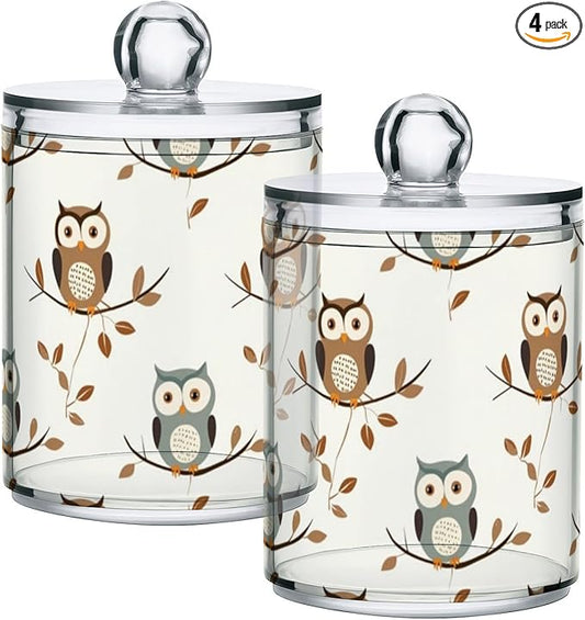 4 Pack Qtip Holder Dispenser Owl Forest Little Animal Cotton Ball Cotton Swab Round Pads Floss Clear Bathroom Storage Containers Plastic Apothecary Jars with Lids