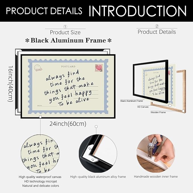 Positive Affirmations Quotes Wall Art Blue Preppy Postcard Poster 16X24 inch Black Framed Always Find Time Horizontal Canvas Prints Retro Happy Home Wall Decor