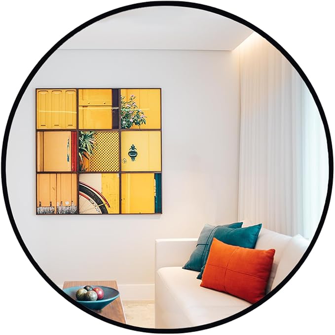 Oruii Round Mirror, Black Round Mirror 26 inch, Circle Wall Mounted Mirrors for Bathroom, Living Room, Bedroom, Vanity, Entryway, Hallway, Rustic