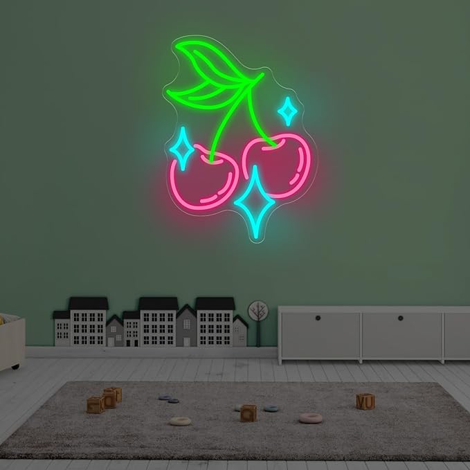 Cherry Bling Neon Sign Aesthetic LED Wall Light for Bedroom Bar Sign, Cute Fruit LED Light, Retro Vintage Dormitory Room Decor, Gift for Her, 16.5"x12.4"