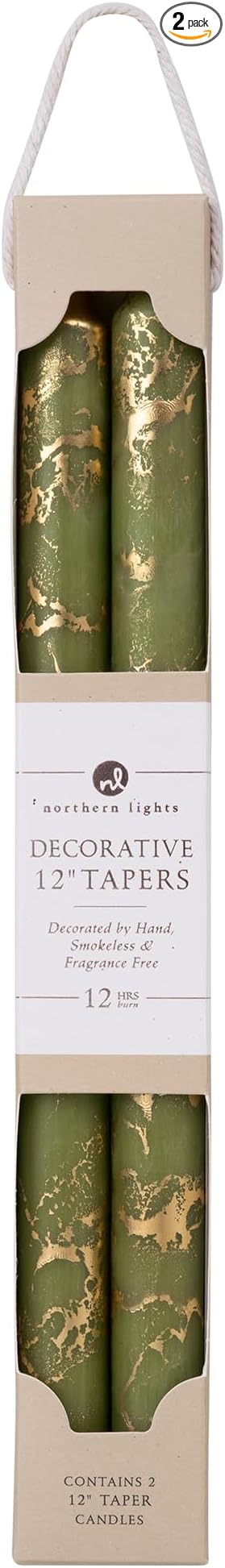 Northern Lights Candles - Premium Decorative Tapers - 12" 2PK - Moss Green w/Gold - 73311