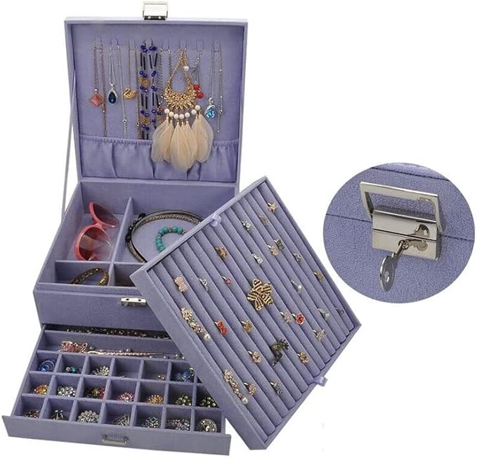 Makeup Organizers 3-Layer Jewelry Box Storage Box Necklace Ring Bracelet Bracelet Earrings Watch Jewelry Storage Box Velvet Jewelry Box Jewelry Case (Color : Dark Purple) (Light Pu