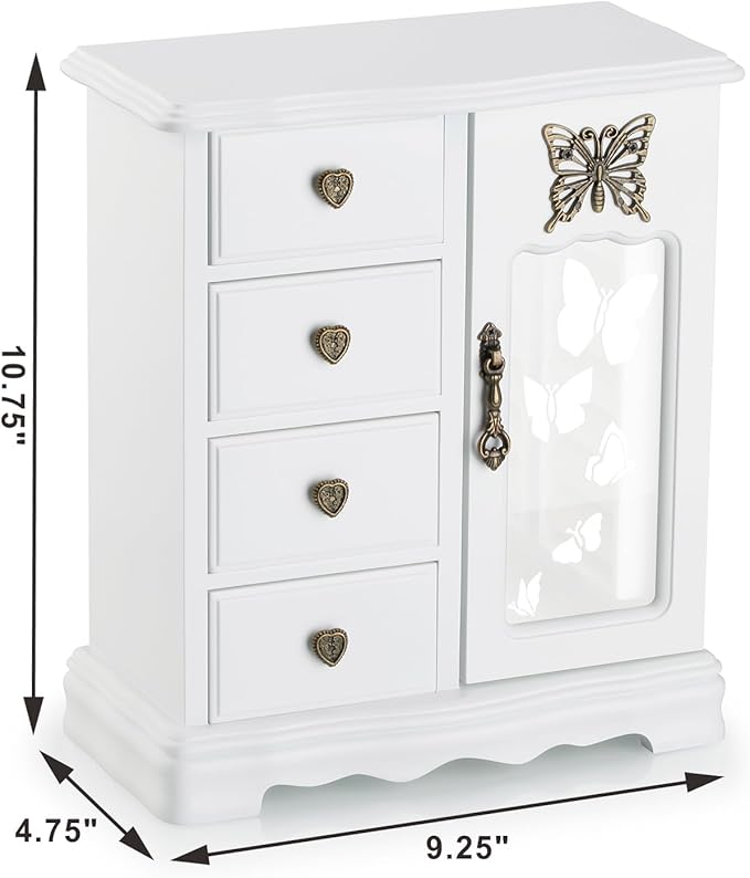 RR ROUND RICH DESIGN Solid Wooden Jewelry Box Makeup and Organizer Women Ring Storage with 4-Drawers Built-in Necklace Carousel and Mirror White