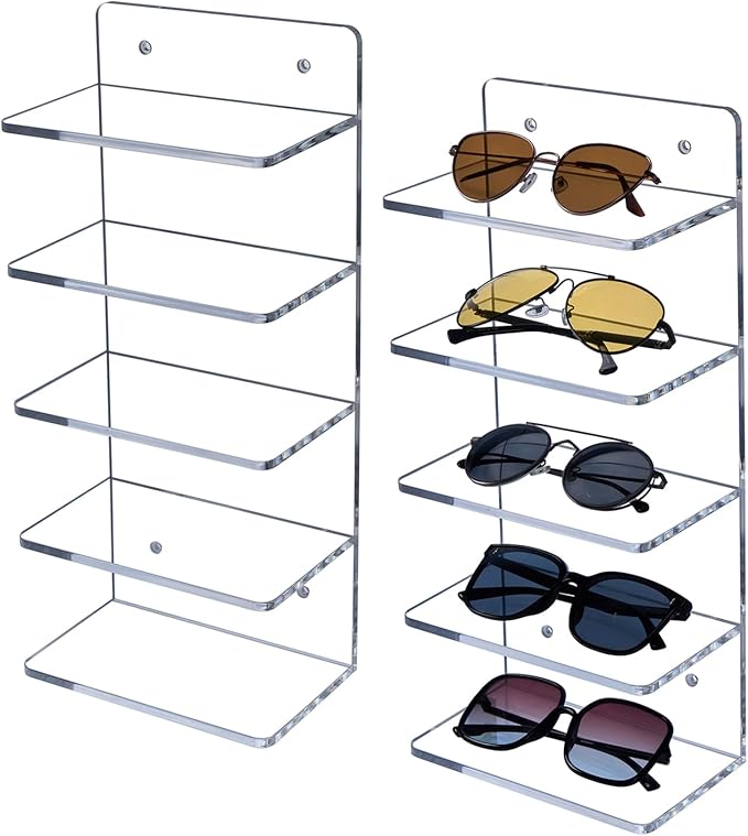 MyGift 5 Tier Clear Acrylic Sunglasses Holder Rack, Wall Mounted Eye Glasses Shelf or Tabletop Display Stand, Retail Eyewear Showcase Storage Organizer, Set of 2