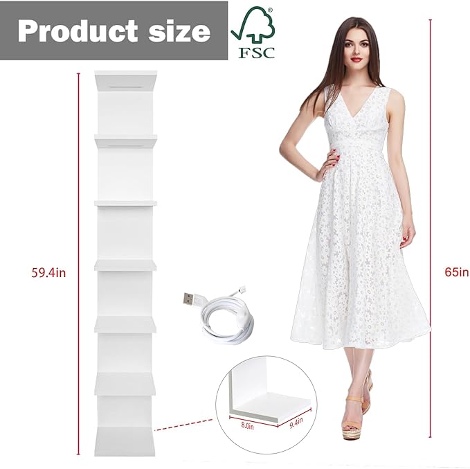 VIWODS 7 Tier Wall Shelf with Lights, White Lack Wall Shelf, Display Floating Shelves with Remote Control for Home Decor Bedroom Vanity