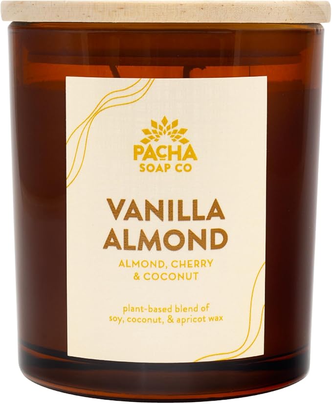 PACHA SOAP Co. Vanilla Almond Candle, 7 oz - Scents of Almond, Coconut and Cherry - Clean Burning, Soy, Coconut & Apricot Wax, Lead-Free Wick, Cruelty-Free, Recyclable