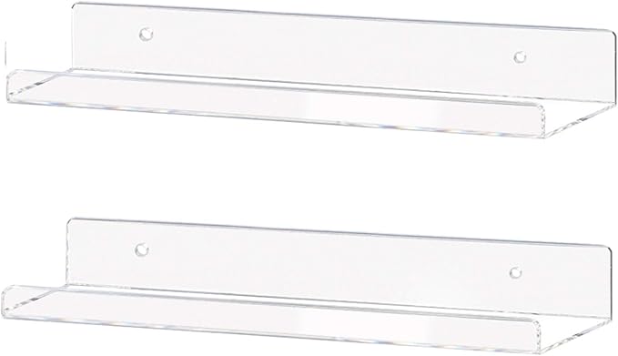 Weiai Clear Acrylic Shelf 15" Invisible Floating Wall Ledge Bookshelf, Kids Book Display Shelves Wall Mounted (15 Inch 2Pack)