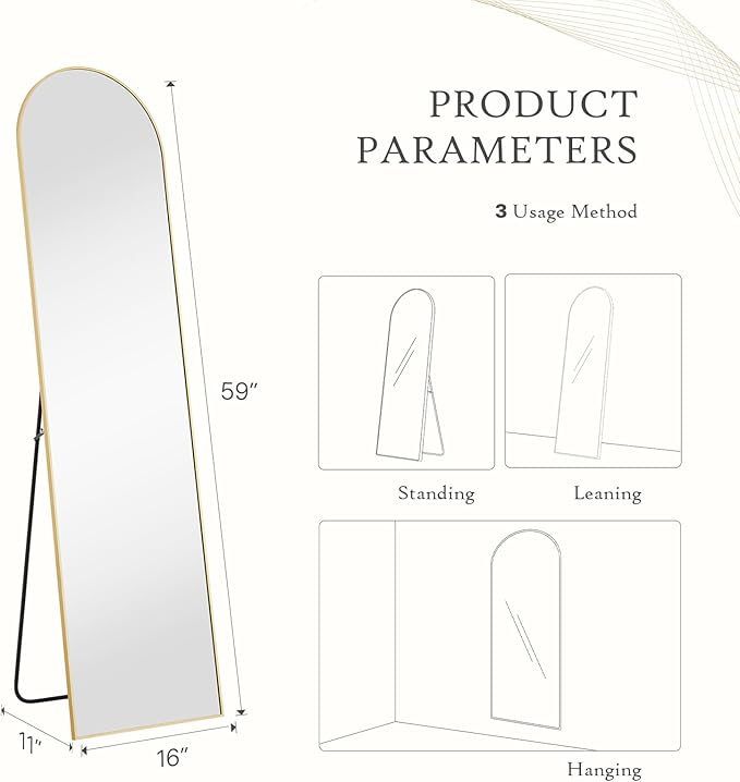 Mirror Full Length, Upgraded Body Wall Mirrors with Shatter-Proof Glass, Floor Standing, Hanging or Leaning, Tall Mirror with Stand Aluminum Alloy Frame for Bedroom