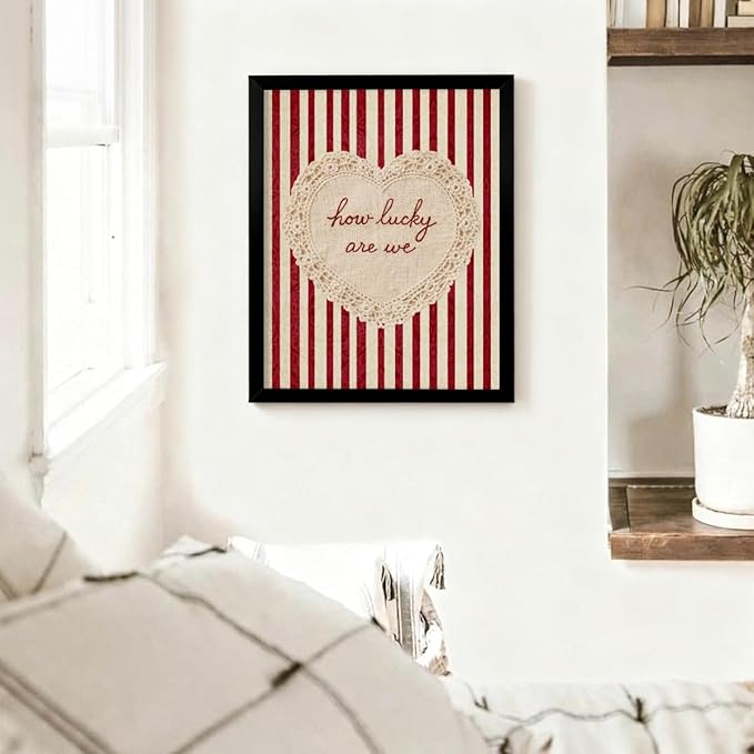 How Lucky Are We Wall Art Red Stripe Affirmation Quotes Poster Coquette Love Lace Heart Canvas Print Fashion Preppy Aesthetic Wall Decor Valentines Day Couple Gift 08x10 inch Aluminum Framed