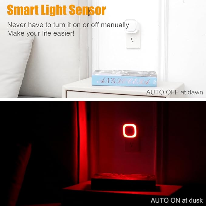 YUNLEX 2 Pack Red Night Light with Dusk to Dawn Sensor, Eye-Care Reflected Glow, 0% Blue Light True Red LED, 3-Level Brightness, Auto On/Off, Plug-in Nightlight for Sleep, Kids, Bedroom, Bathroom