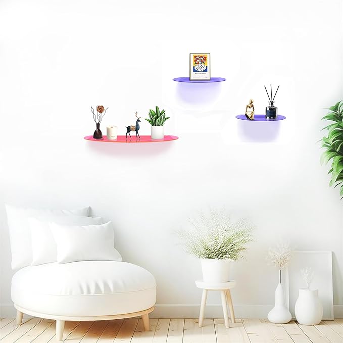 SetGame 2-Pack Acrylic Small Wall Shelves Wall Decor Wall Mounted, 12" Floating Wall Ledge Shelf, Acrylic Shelves for for Action Figures Display, Room Décor, Space Saving, Items Organizer,Purple