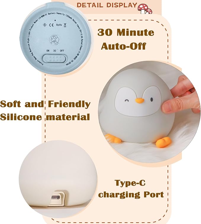 Penguin Night Light with Squishy Soft Silicone, RGB Flashing Color, Dimmable Rechargeable Portable Touch Penguin Gifts Decor for Girls Boys