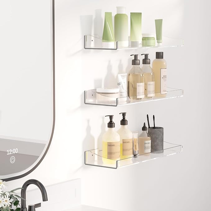 Acrylic Shelves for Bathroom, Clear Floating Shelves for Wall, Wall Organizer Suitable for Bathroom, Bedroom, and Living Room Storage for Make Up,Action Figure,Books -3 Pack