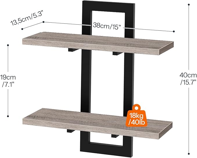 HOOBRO Floating Shelves, 15 Inch Wall Shelf Set of 4, Wall Mounted Storage Shelves 2-Tier, Hanging Bathroom Shelves, for Living Room, Bedroom, Bathroom, Kitchen, Greige and Black BG32BJP401