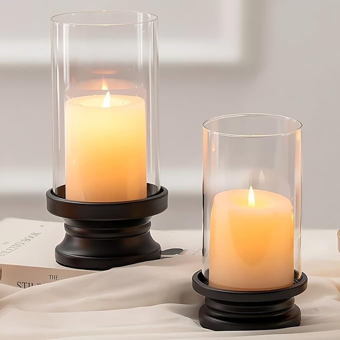 NUPTIO Hurricane Glass Candle Holder: Set of 2 Black Pillar Candle Holders with Glass Cylinder - Metal Pillars Candleholder for Halloween Thanksgiving Fireplace Living Room Decor