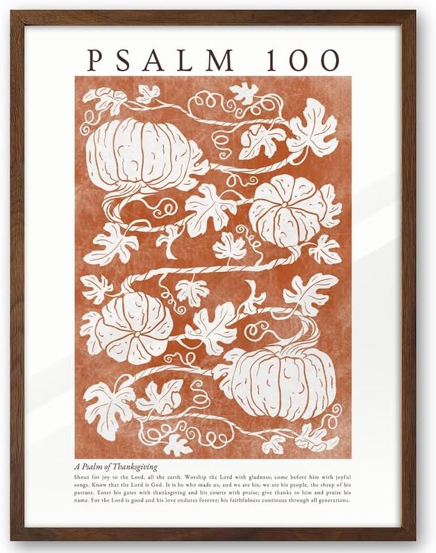 EcoHest Fall Botanical Pumpkins Framed Wall Art, 12x16 in Walnut Color OAK Wood Christian Psalm 100 Canvas Wall Art, Beige Logs A Psalm of Thanksgiving Home Decor Set of 1 for Bedroom Living Room