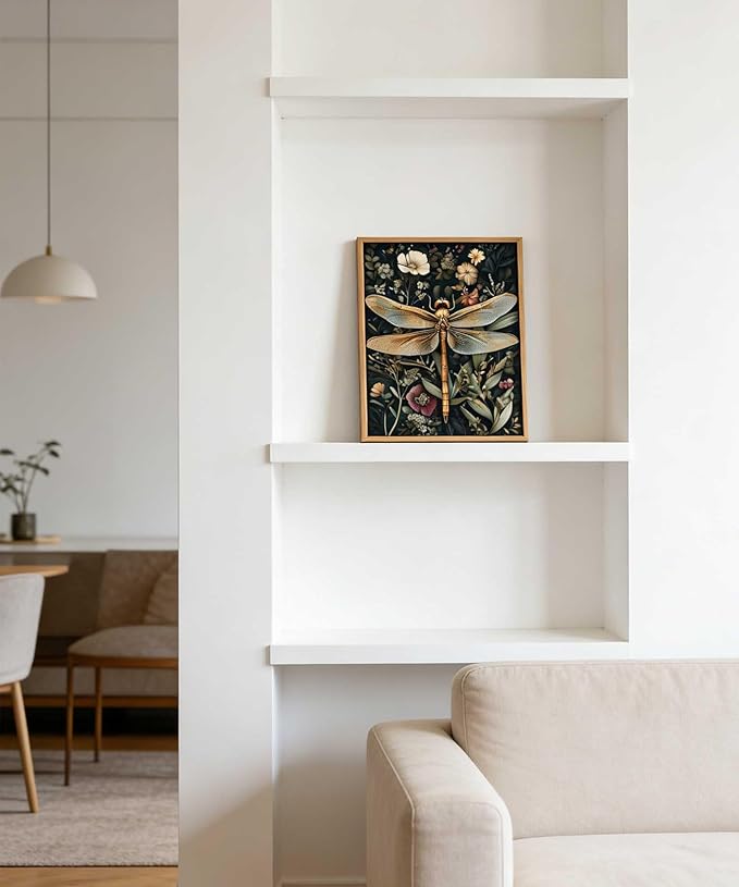 Framed Vintage Botanical Dragonfly Wall Art Dark Green Gothic Nature Dragonfly Flowers Wall Decor Pictures for Living Room Bedroom Home Decoration 8x10in
