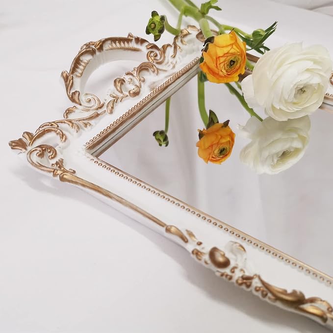 Small Rectangle Decorative Mirror Tray, French Style, Makeup Organizer, Jewelry Organizer, Serving Tray, 13"x 7.8", Golden White
