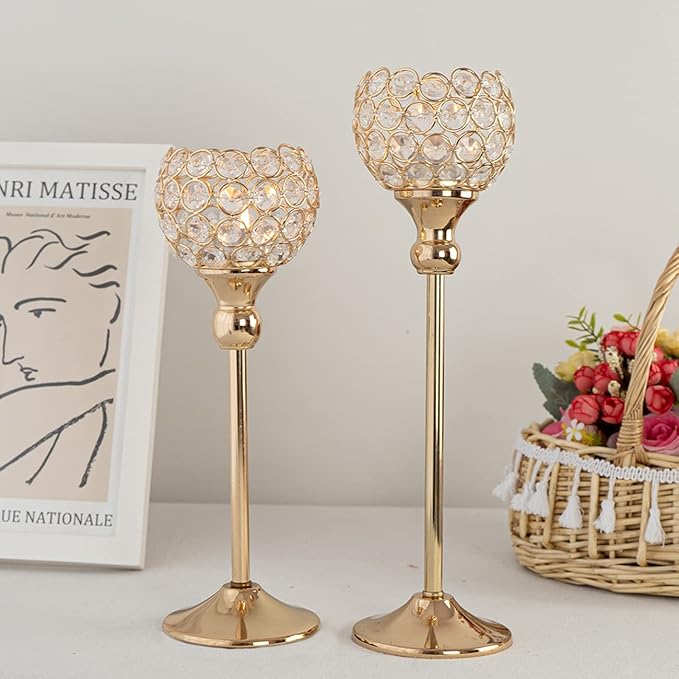 VINCIGANT Gold Crystal Candle Holders Set of 2,Pillar Candlesticks for Table Centerpieces, Valentine's Day Home Decor Wedding Party Housewarming Gift